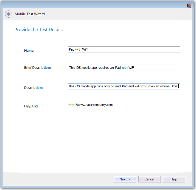 Provide the Test Details Panel / Mobile Test Wizard